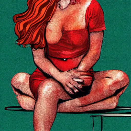 Prompt: red headed woman sitting on a giant cinnabon, digital art