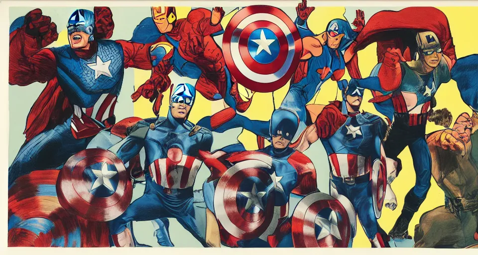 Prompt: A three color offset photography of the Avengers, exhibition, 60s style