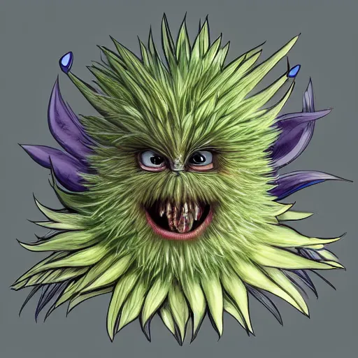 Image similar to A humanoid thistle monster, highly detailed, digital art, sharp focus, trending on art station, plant, dandelion, anime art style