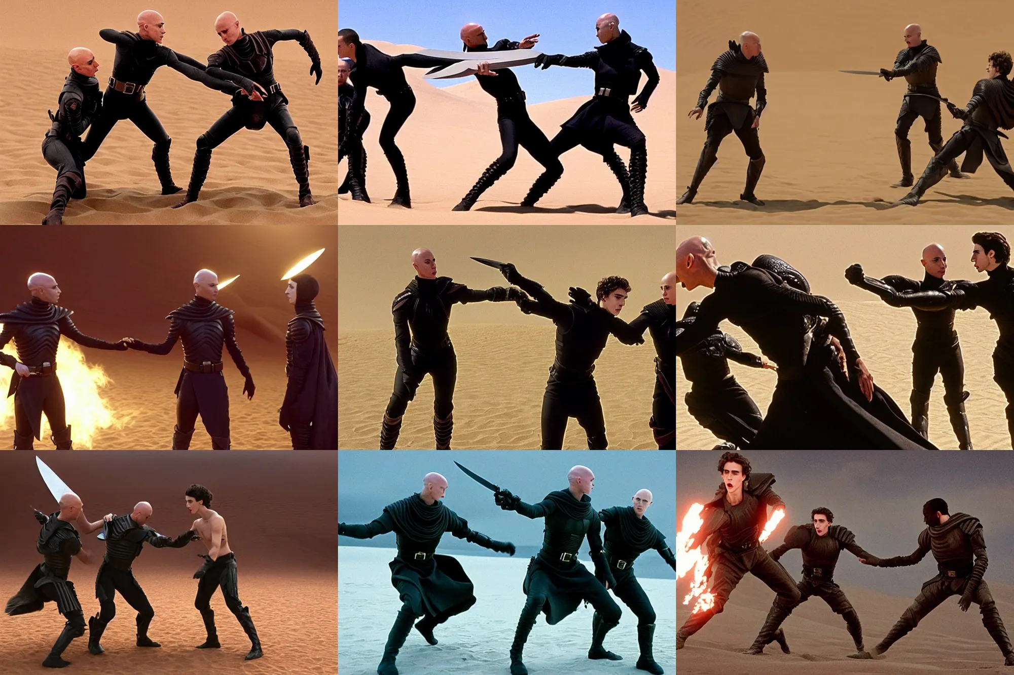 Prompt: choreographed_knife_fight between two people, bald_hairless_Austin_Butler and Timothee_Chalamet_as_Paul_Atreides, in an arena pit, film still from movie Dune-2021, golden ratio