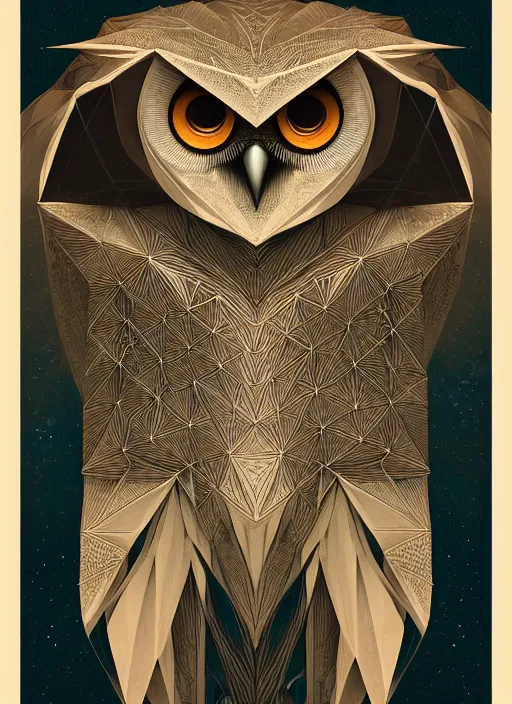 Image similar to portrait of a geometric owl, identical eyes, medium shot, illustration, full body made of white feathers, symmetrical, art stand, super detailed, cinematic lighting, and its detailed and intricate, gorgeous, by peter mohrbacher