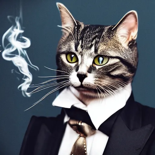 Image similar to cat wearing a suit smoking a cigar