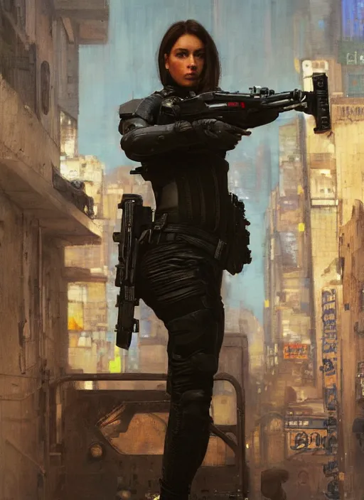 Image similar to 🤼♀. cyberpunk police trooper in a military vest ( blade runner 2 0 4 9, cyberpunk 2 0 7 7 ). orientalist portrait by john william waterhouse and james gurney and theodore ralli and nasreddine dinet, oil on canvas. cinematic, hyper realism, realistic proportions, dramatic lighting, high detail 4 k