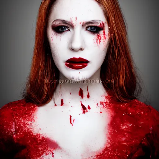 Image similar to professional headshot of an elegant female vampire with droplets of blood splattered across her face. high resolution, realistic, professional lighting, nikon camera, 8 k, imdb. com