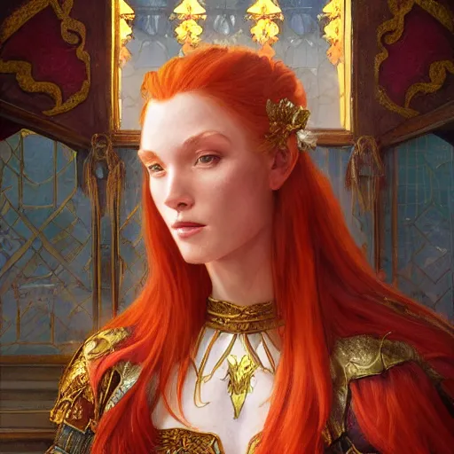 Prompt: A beautiful digital painting of a strong strawberry blonde woman, in a regal armor, princess, D&D, fantasy, intricate, cinematic lighting, highly detailed, digital painting, Artstation, concept art, smooth, sharp focus, illustration, art by Artgerm and Greg Rutkowski and Alphonse Mucha