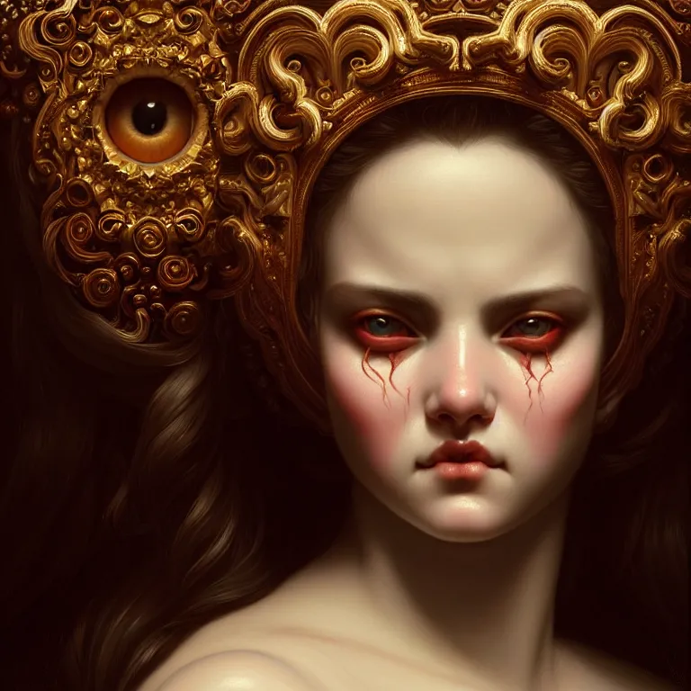 Image similar to epic professional symmetrical digital art of sweet eyes, accent lighting, painted, intricate, detailed, cheery, fun, effervescent, by roberto ferri, epic, stunning, gorgeous, much wow, much detail, cinematic, masterpiece, unreal engine render