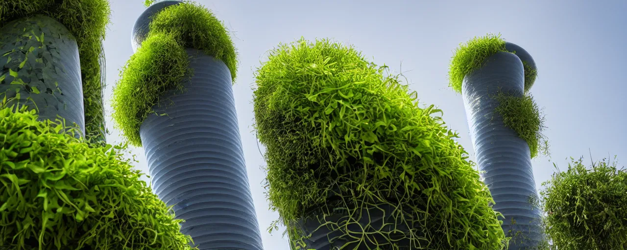 Image similar to torus shaped electrostatic water condensation collector tower, irrigation system in the background, vertical gardens, in the middle of the desert, XF IQ4, 150MP, 50mm, F1.4, ISO 200, 1/160s, natural light