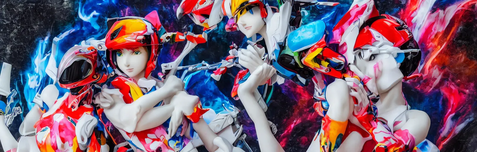 Image similar to extremely beautiful photo of a white marble statue of an anime girl with colorful motocross logos and motorcycle helmet with closed visor, colorful smoke in the background, carved marble statue, fine art, neon genesis evangelion, virgil abloh, offwhite, denoise, highly detailed, 8 k, hyperreal