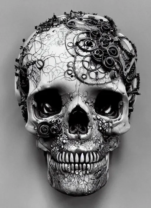 Prompt: intricate detailed biopunk cyberpunk skull, ivy, death,