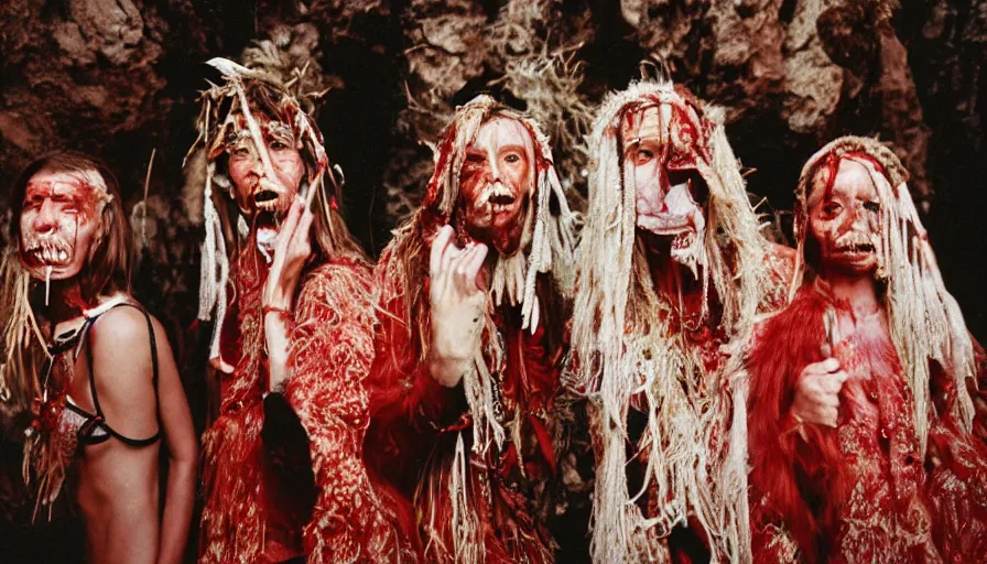 Prompt: high realistic photo portrait of esoteric tribes members with taxidermic flesh bloody jaw and elaborate red clothes in the desert, cinestill 800t 35mm, heavy grain, high quality,