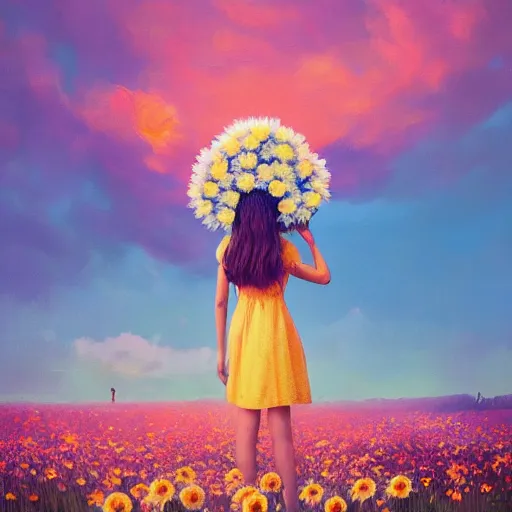 Prompt: girl with a giant daisies head, surreal photography, flower field, sunset dramatic light, impressionist painting, colorful clouds, blue sky, digital painting, artstation, simon stalenhag