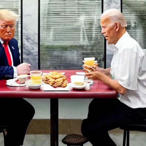 Image similar to photograph of trump and Biden sitting and eating breakfast at a Wafflehouse