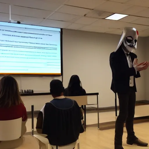 Prompt: professor anonymous wearing guy fawkes mask giving lecture at university