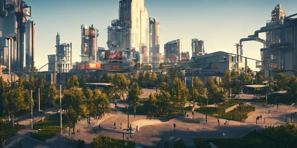 Image similar to modern city center public park, modern landscape architectural design for industrialpunk, gorgeous lighting, golden hour, cyberpunk, 2077, dramatic lighting and composition, octane render, unreal engine 5, 8k