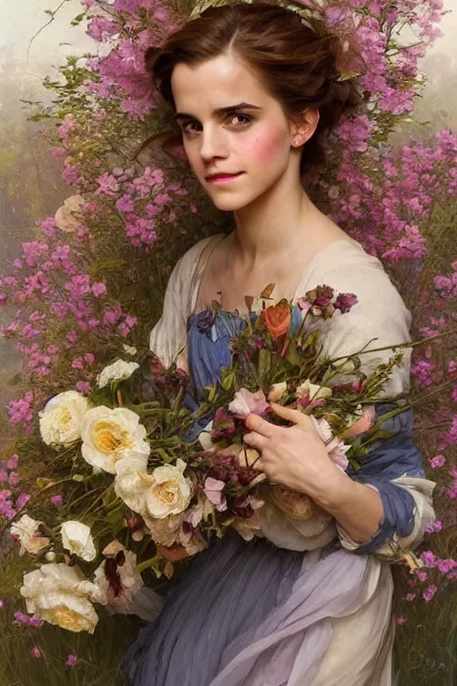 Image similar to portrait of emma watson as beautiful mysterious woman holding a bouquet of flowing flowers, hands hidden under the bouquet, fantasy, regal, intricate, by stanley artgerm lau, greg rutkowski, thomas kindkade, alphonse mucha, loish, norman rockwell