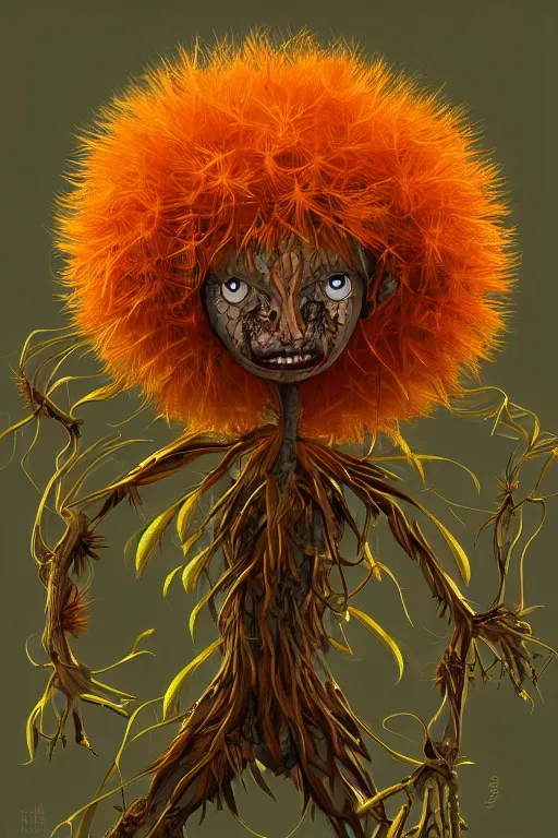 Image similar to a humanoid figure dandelion plant monster, orange eyes, highly detailed, digital art, sharp focus, trending on art station, anime art style