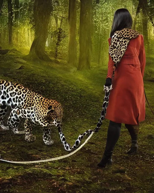 Image similar to beautiful woman walks her pet leopard on a leash thru a crystal forest, hyperreal, atmospheric, photorealistic photographed in the style of National Geographic