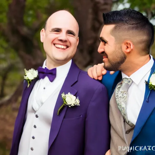 Image similar to a lovely gay wedding between a middle aged balding white man and a young brown skinny Latino man