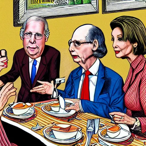 Image similar to The Artwork of R. Crumb and his Cheap Suit Mitch McConnell and Nancy Pelosi go out to a diner, pencil and colored marker artwork, trailer-trash lifestyle