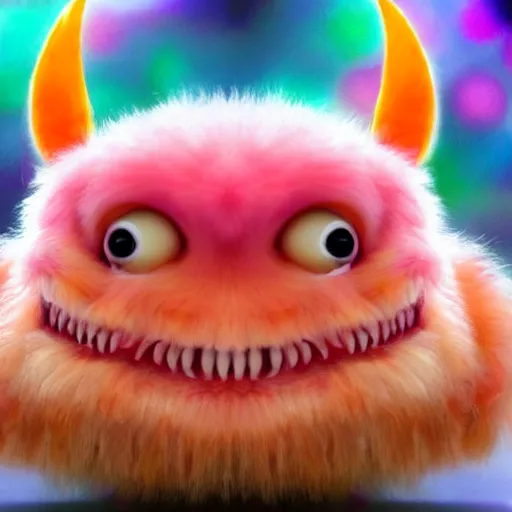 Prompt: an alien with a face that looks like a fuzzy peach the peach is fuzzy pink warm and ripe the alien has horns and a mean smile the alien has soft kind eyes with chicken feet cruel smile, 4k, highly detailed, high quality, amazing, high particle effects, glowing, majestic, soft lighting, detailed background, happy tones, sharp background