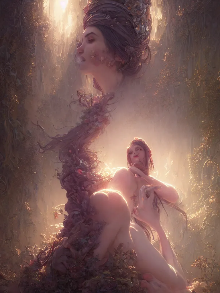 Image similar to highly detailed portrait of beautiful ethereal woman in ornate clothing, stephen bliss, unreal engine, fantasy art by greg rutkowski, loish, rhads, ferdinand knab, makoto shinkai and lois van baarle, ilya kuvshinov, rossdraws, tom bagshaw, global illumination, radiant light, detailed and intricate environment