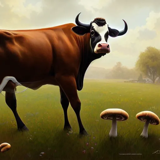 Image similar to long shot photo of a cow with mushrooms growing on its back, highly detailed, digital painting, artstation, smooth, sharp focus, illustration, art by artgerm and greg rutkowski and alphonse mucha