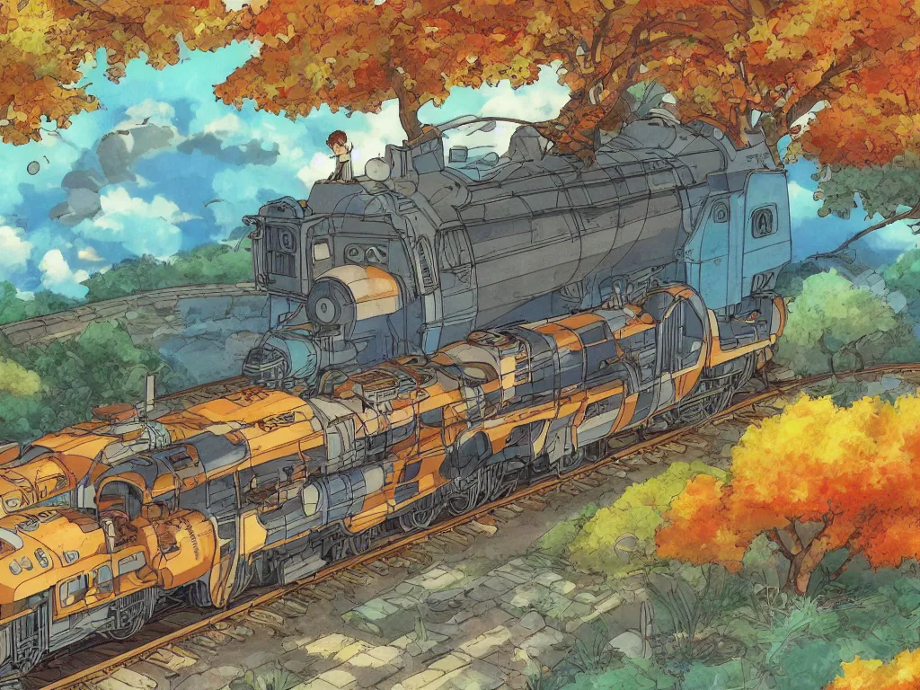 Image similar to longitudinal cut sideview of a anime train, autumn light, colorful, nausicaa of the valley of the wind, beautiful, by studio ghibli, digital art, concept art, manga, cute and adorable, illustration