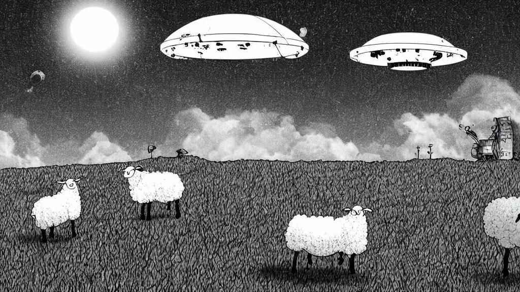 Image similar to sheep in a field being abducted by a ufo!, hyper energy, punk aesthetic, concept art, sharp focus, illustration,