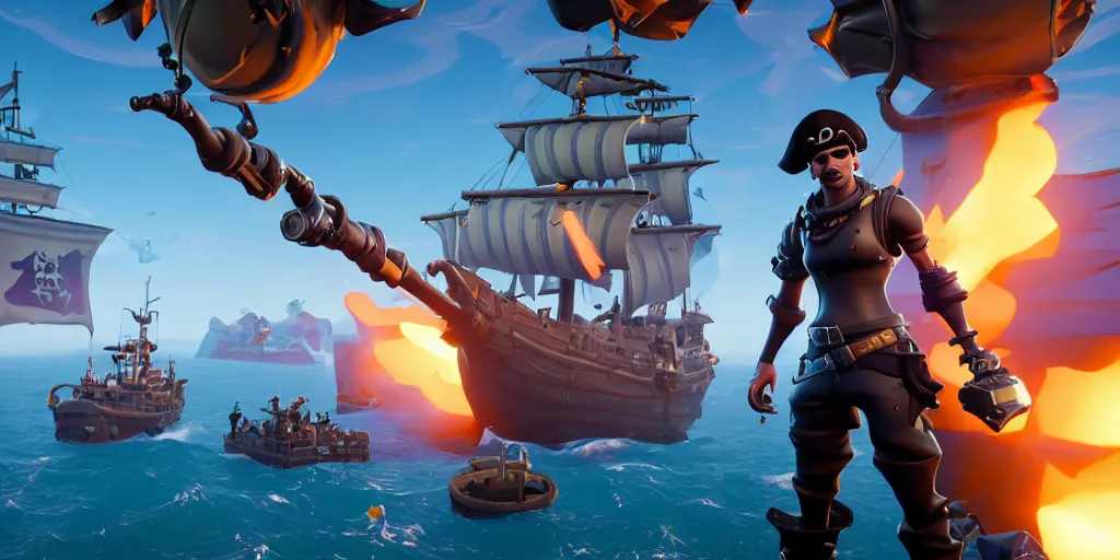 Image similar to A screenshot of a fortnite pirate standing on the front of the ghost ship with the black Jolly Roger flag, the ghost ship is in the middle of the ocean, in Fortnite, extremely detailed, pirate portrait, fantasy art overwatch and heartstone, cgsociety, artstation hq, octane render, 8k, stylized 3D CGI art , 3D, Unreal Engine, 4K UHD, RTX, DLSS,