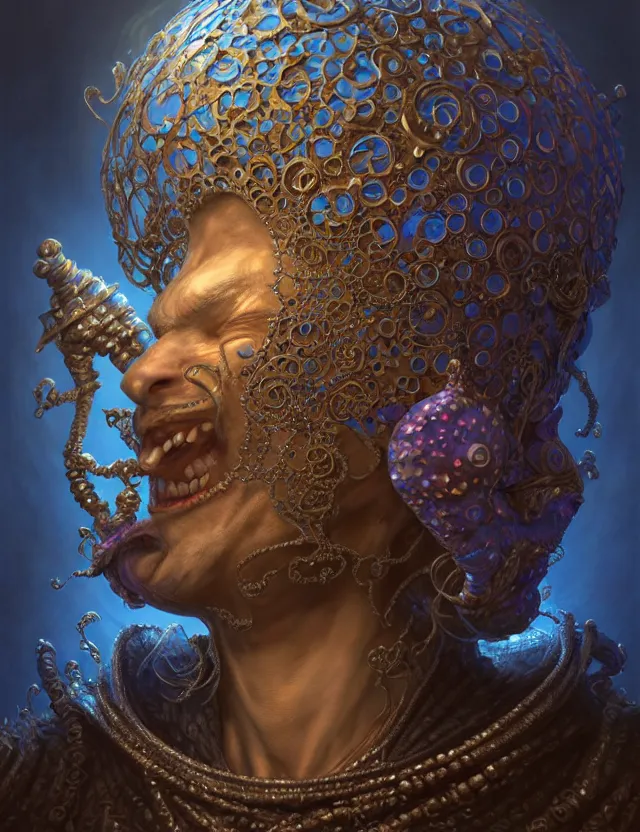 Image similar to front shot of a court jester character, hyperdimensional, bioluminescent hypercubes, ((intricate)), elegant, highly detailed, centered, (((artstation, concept art, smooth, sharp focus, artgerm, Tomasz Alen Kopera, Peter Mohrbacher, donato giancola, Joseph Christian Leyendecker, WLOP, Boris Vallejo))), mugshot!!!!!, ugly!!!!!!, octane render, nvidia raytracing demo, grainy, muted, 8K, digitalblasphemy