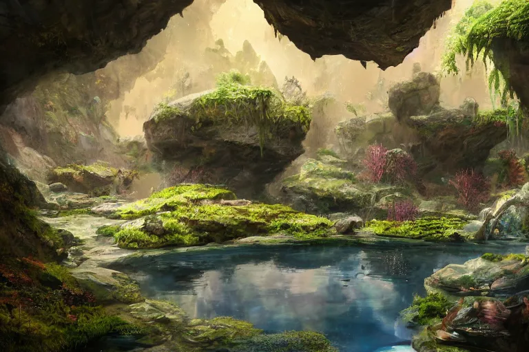 Image similar to beautiful stunning painting of a deep mysterious rocky varied cave landscape filled with large magic glowing clear crystals and filled with some ((plants)) and a small reflective pond, fantasy, digital art, realism, unreal engine, sharp, detailed, trending on artstation