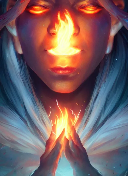 Prompt: a portrait fantastical glowing elf made of fire illustrated by artgerm and greg rutkowski