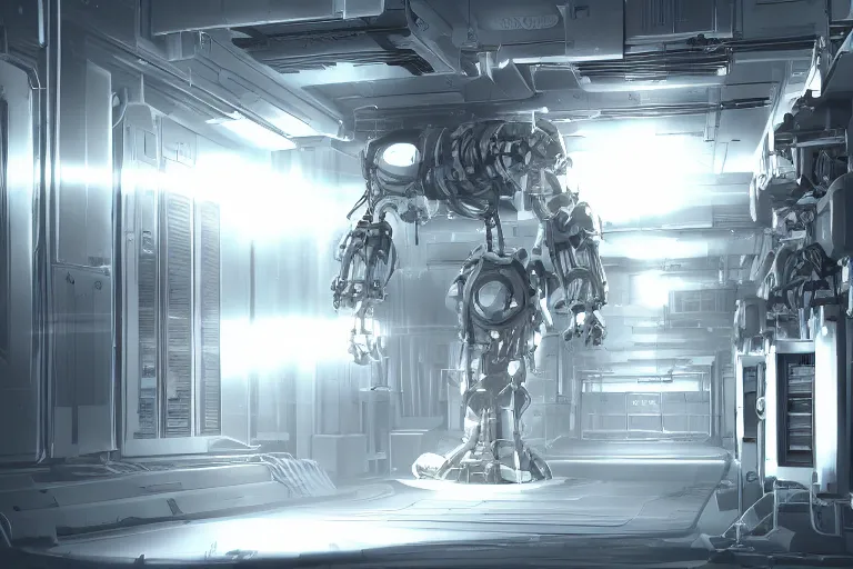 Image similar to parallax datacenter server room single mono colossus white rusty android robosaurus guard in artstation cinematic detailed concept art volumetric light sharp coherent cgsociety symmetric perfect server equipment