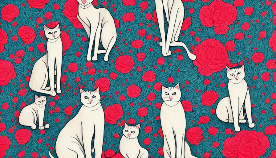 Image similar to artwork of really tall sitting cats by james jean, thick brush, 4 k resolution, floral background