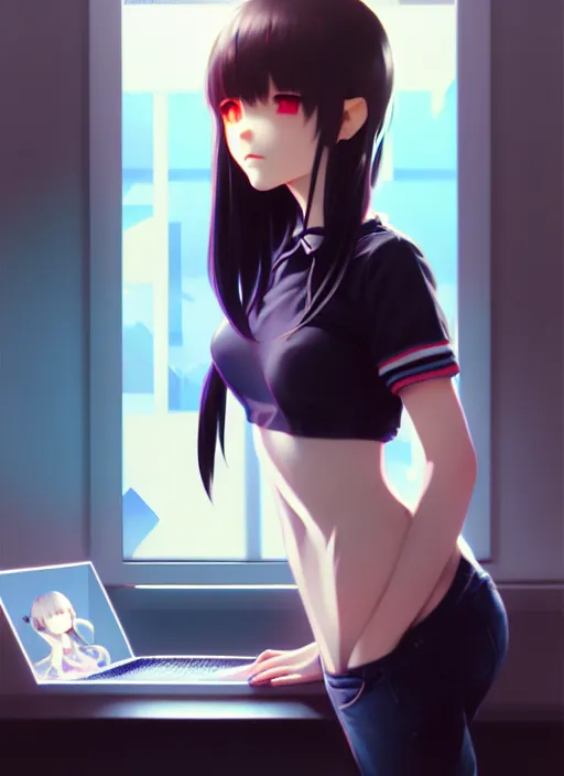 Image similar to a film still polaroid portrait of a young gamersgirl at her computer, detailed features, perfect art, busy room, hd, gapmoe yandere, trending on pixiv, focussed painted art, by wlop, ilya kuvshinov, artgerm, krenz cushart, pixiv