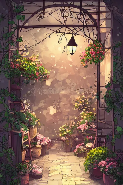 Image similar to a little flower shop's front gate, fresh, digital illustration, dramatic lighting, pixiv