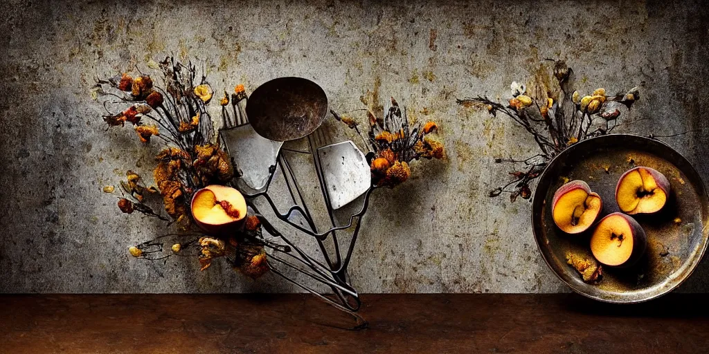 Image similar to side view, decaying rotting peaches, moldy, on an antique distressed table top, dried flowers, metal kitchen utensils, old kitchen backdrop, dark kitchen, style by peter lippmann, intricate detail,