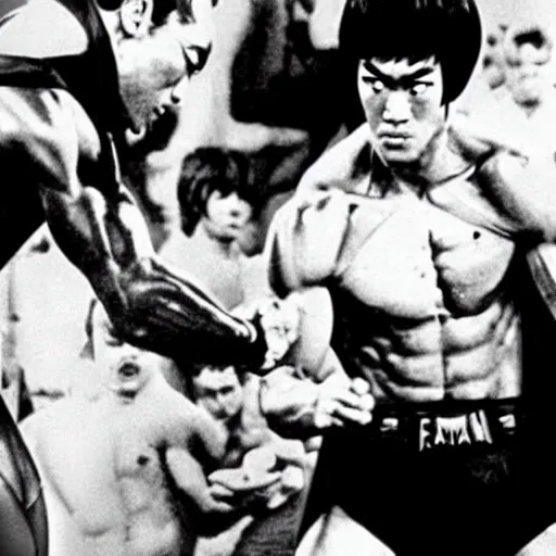 Image similar to a photo of bruce lee versus batman