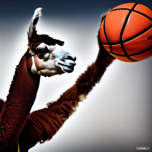 Image similar to a photo of a llama dunking a basketball, 4 k, photography, high resolution