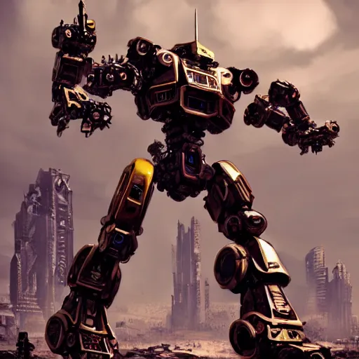 Prompt: a shiny ornate boxing humanoid mecha in ruin city, victory, punk style, by war robots, real steel ( 2 0 1 1 ), westworld and eve venture and pacific rim and machine warrior 5, cryengine, frostbite 3 engine, scarlet and yellow scheme, sharp focus, 8 k, high definition, insanely detailed, soft lighting, smooth face