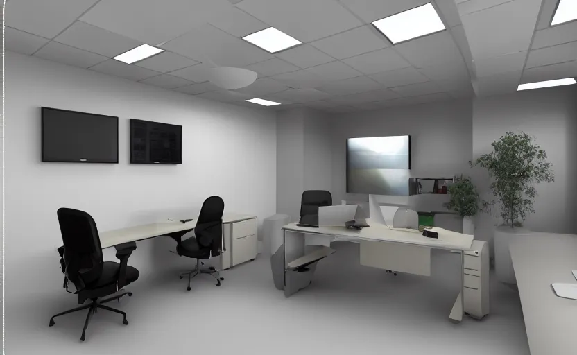 Image similar to 3d rendering computer office with way too many peripherals and accessories