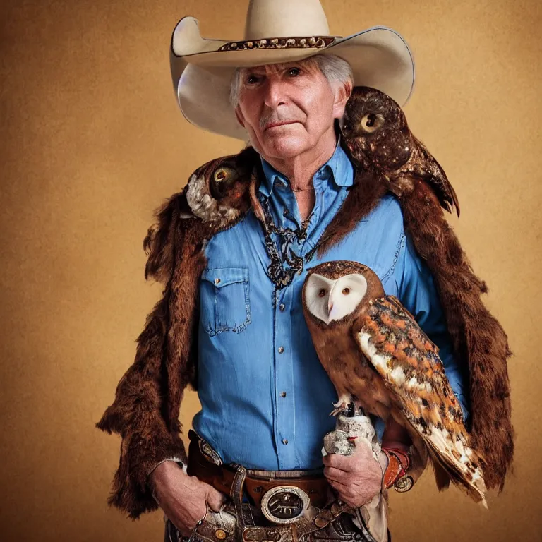 Image similar to high fashion photoshoot octane render portrait by wayne barlow and carlo crivelli and glenn fabry, a distinguished old cowboy wearing a colorful wes anderson designed cowboy costume and holding a barn owl inside a high - end exotic colorful pastel vintage boutique hotel lounge, very short depth of field, bokeh