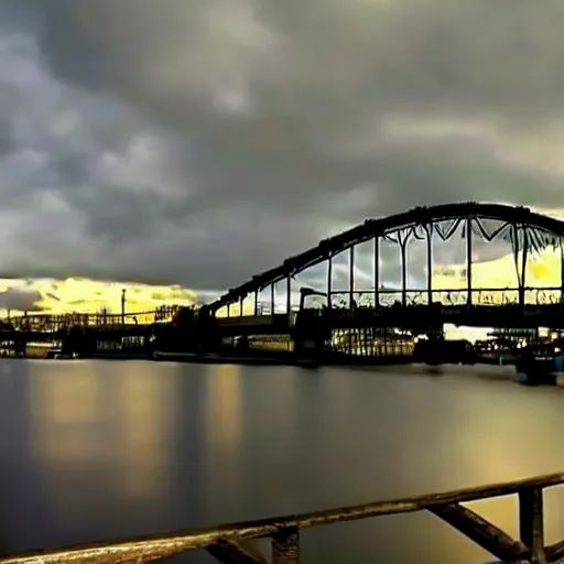 Image similar to blue hour, mostly cloudy sky, palm trees, bridge, curved bridge, dusk, 2 4 0 p footage, 2 0 0 6 youtube video