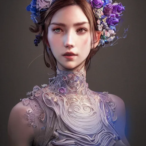 Image similar to the portrait of a blueberry that resembles an absurdly beautiful, graceful, elegant, sophisticated woman, an ultrafine hyperdetailed illustration by kim jung gi, irakli nadar, intricate linework, bright colors, octopath traveler, final fantasy, unreal engine 5 highly rendered, global illumination, radiant light, detailed and intricate environment