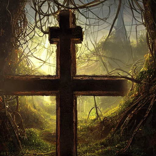 Prompt: a christian cross as the light at the end of the tunnel, with a few vines and overgrowth, concept art by Doug Chiang cinematic, realistic painting, high definition, digital art, symmetrical, very detailed, extremely high detail, photo realistic, concept art, unreal engine 5, bokeh, album cover