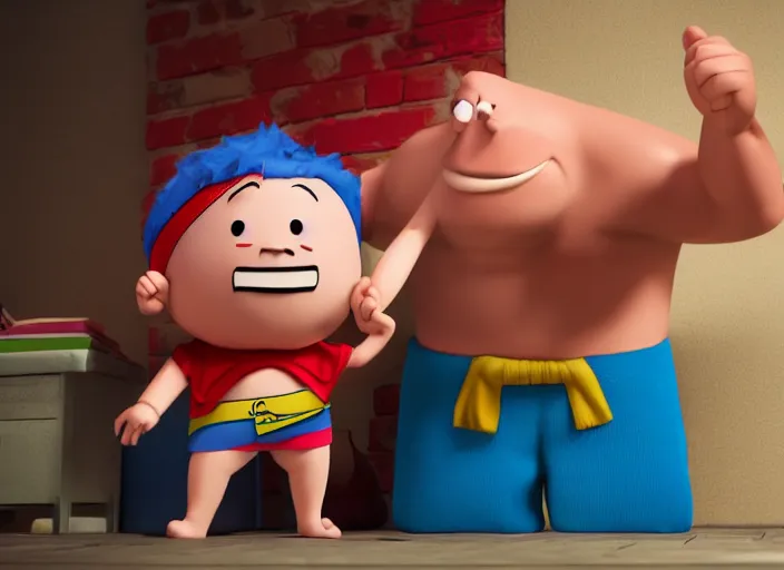 Prompt: captain underpants ( cartoon ) as a real person, 8 k, high definition, photo realistic, octane render