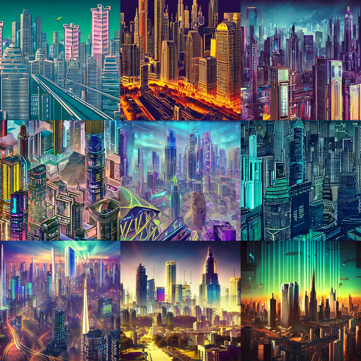 Image similar to detailed photo of a beautiful skyline with cyberpunk Art Deco buildings, parks and monuments