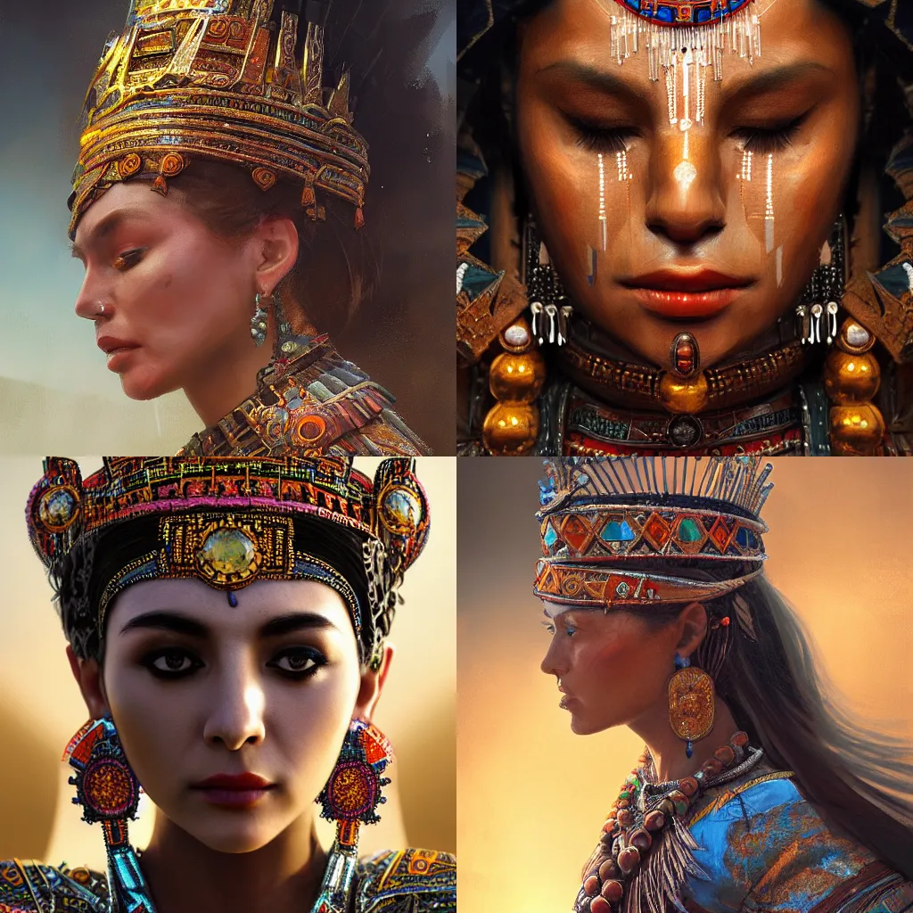 Prompt: Aztec queen, gorgeous, close-up portrait, intricate, elegant, volumetric lighting, scenery, digital painting, highly detailed, artstation, sharp focus, illustration, concept art, ruan jia, steve mccurry