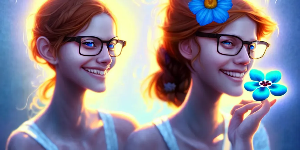 Prompt: epic professional digital art of a smiling bread toast wearing 👓 and a blue flower, best on artstation, cgsociety, wlop, cosmic, epic, stunning, gorgeous, much detail, much wow, masterpiece, backlight