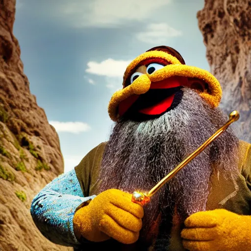 Image similar to an artificer dwarf muppet with a big beard and an obsession for gold and gems who loves to sleep on rocky terrain, sesame street, photograph, photography, ultrarealistic, national geographic